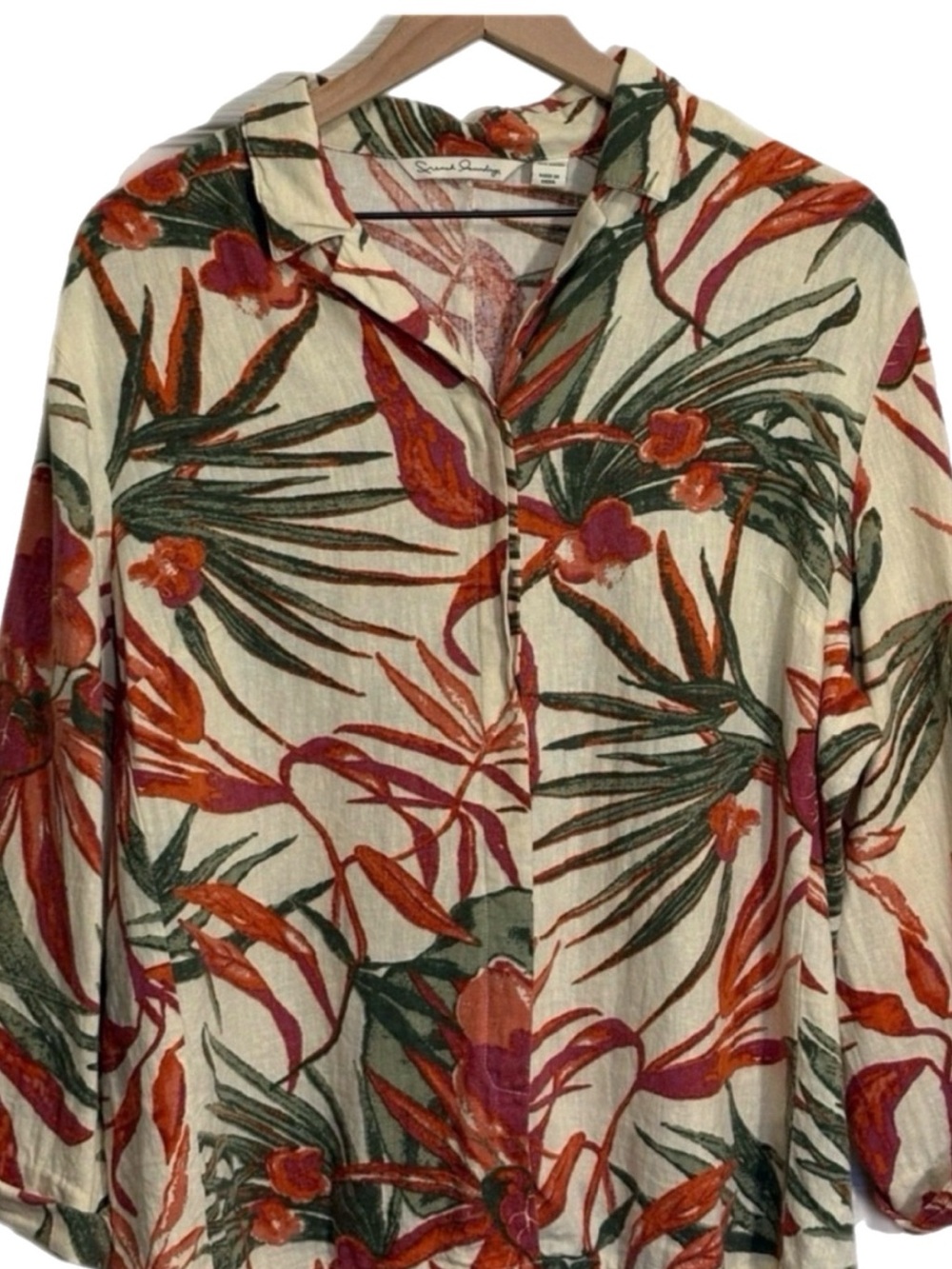 French Laundry Linen Blend Cream Button-Down Shirt Green Orange Palm Leaf Print